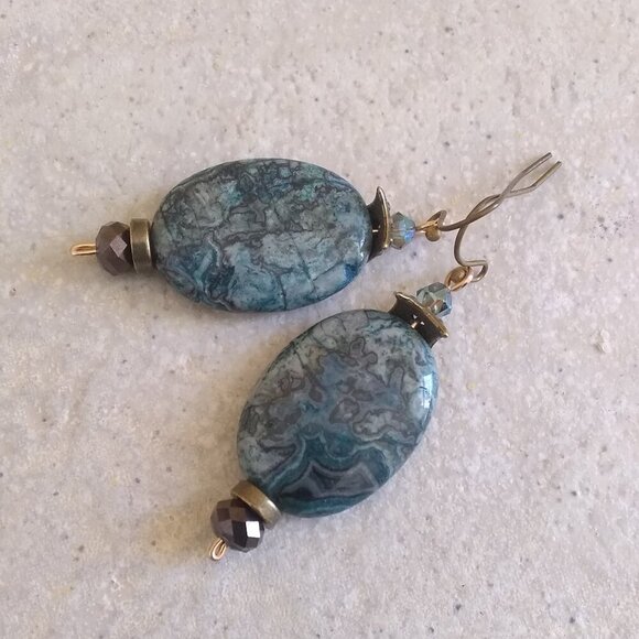 Unique Crazy Lace Agate Earrings - Blue Gray & Black - Mixed Metals Hardware - Picture 1 of 7